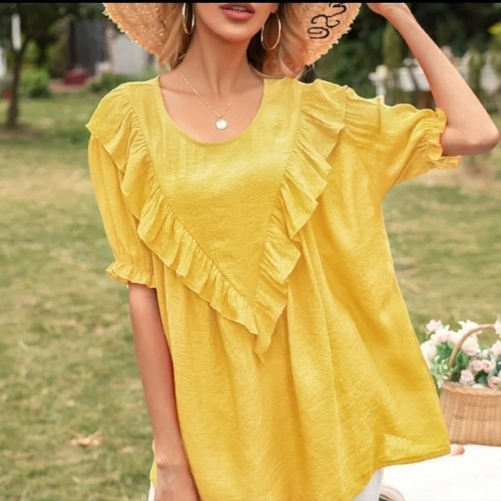 💚HP💚Cotton Blend Yellow Ruffle Summer Top - Picture 1 of 3